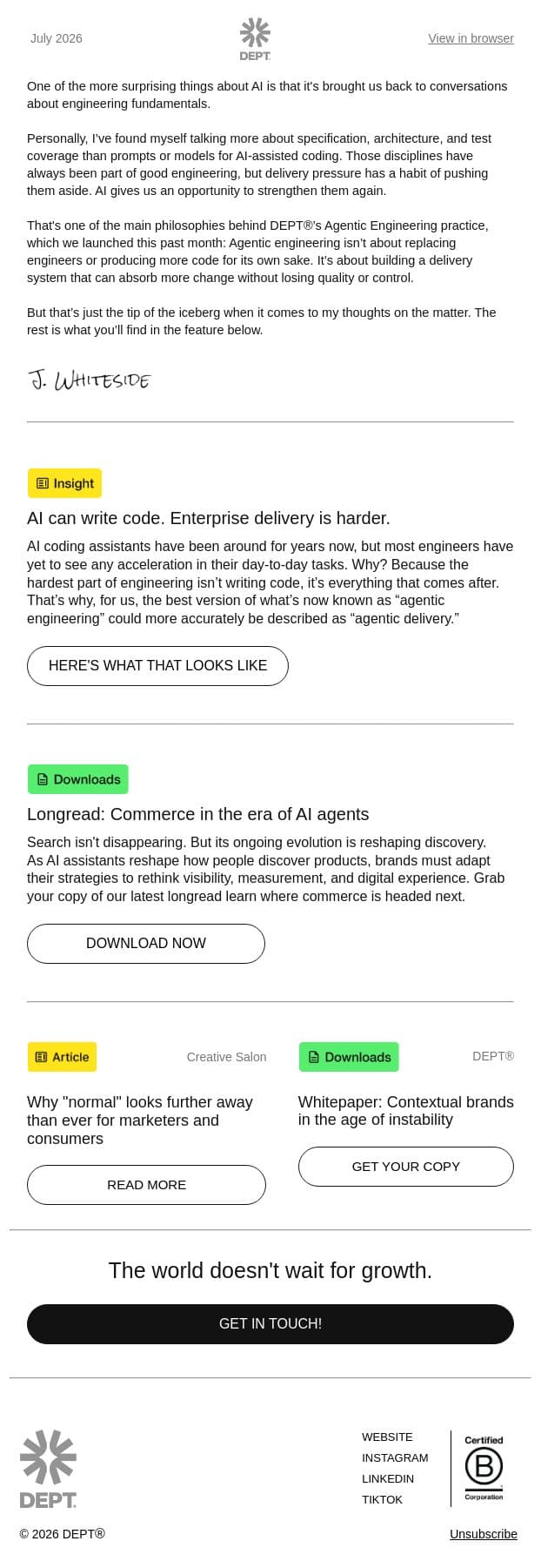 From our CTO: What agentic engineering (actually) means email from DEPT screenshot