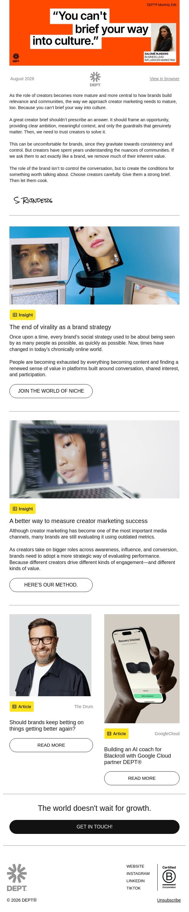 Why the brand/creator relationship is more important than ever email from DEPT screenshot
