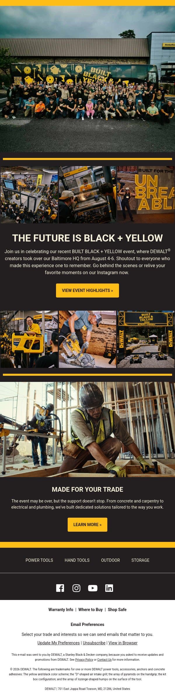 A Look Into BUILT BLACK + YELLOW email from DeWalt screenshot