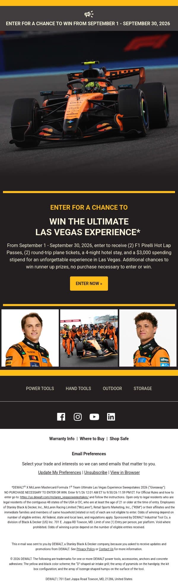 A Chance to Win the Ultimate Race Experience* email from DeWalt screenshot