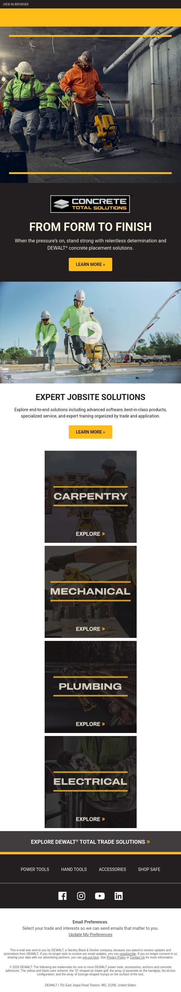 Solutions From Form to Finish email from DeWalt screenshot