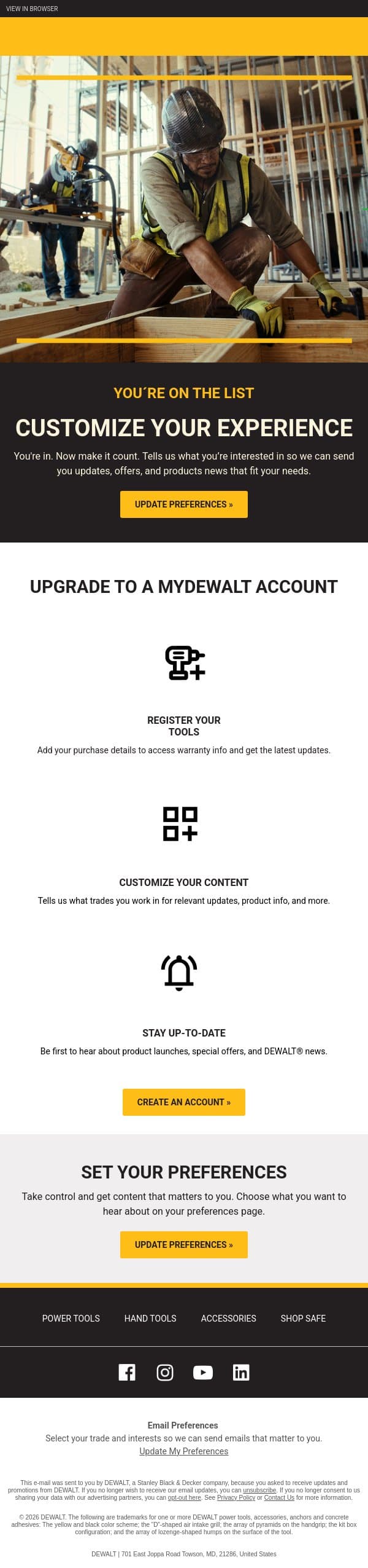 Customize Your DEWALT® Experience email from DeWalt screenshot