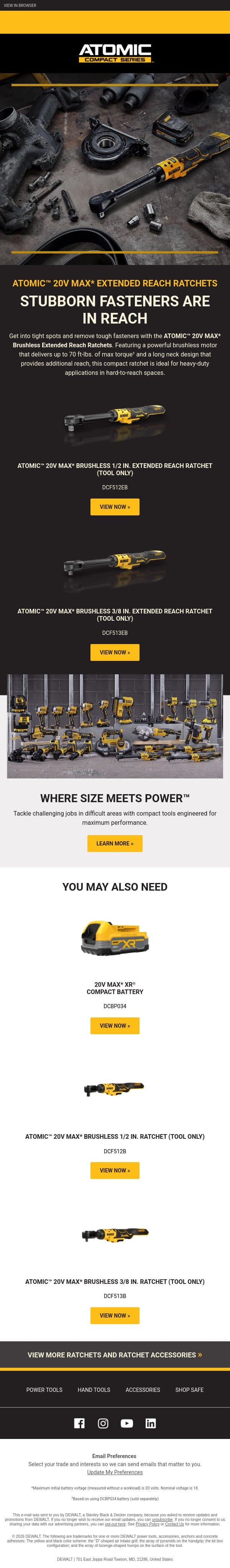 ATOMIC™ 20V MAX* Extended Reach Ratchets email from DeWalt screenshot