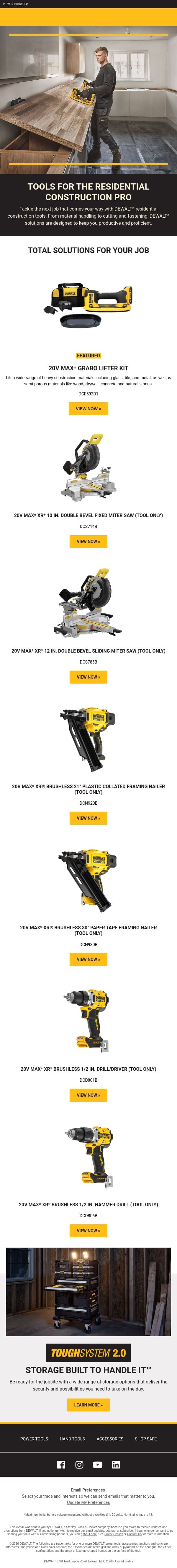 Pro-Grade Solutions For Residential Construction email from DeWalt screenshot