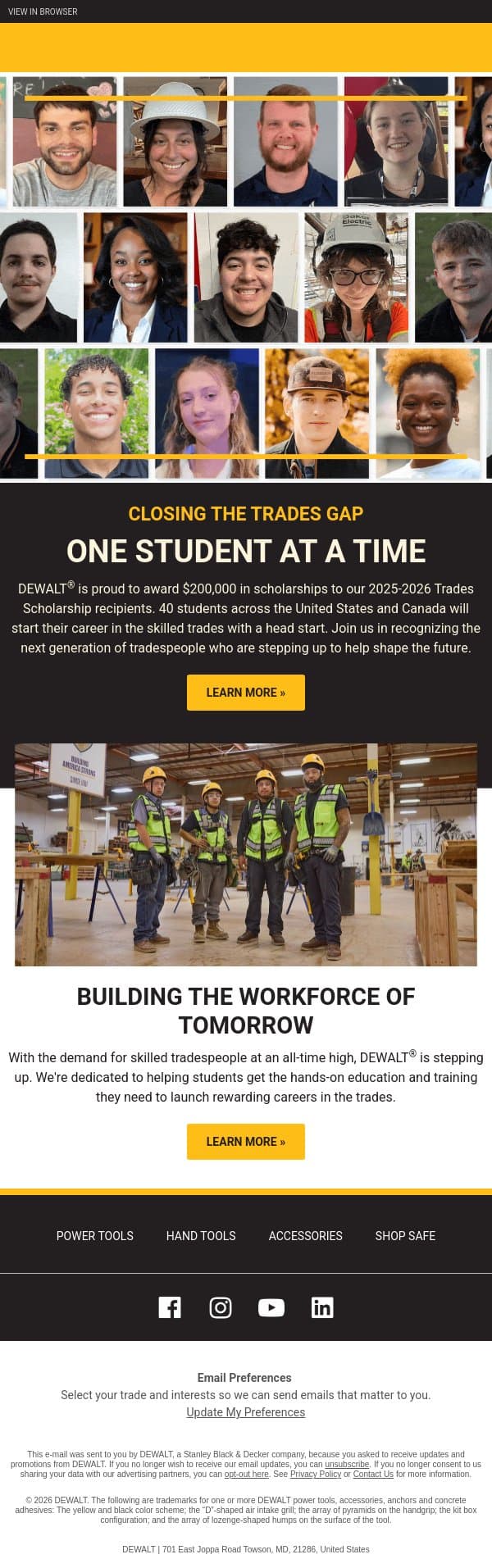 Celebrating the Future of the Trades email from DeWalt screenshot