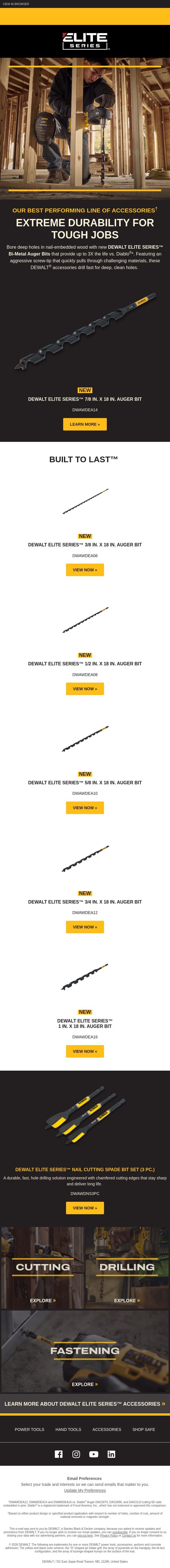 New DEWALT ELITE SERIES™ Bi-Metal Auger Bits email from DeWalt screenshot