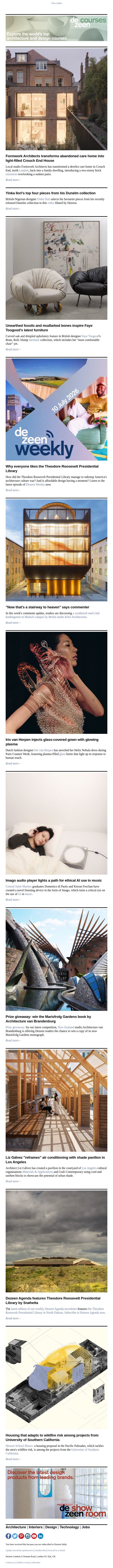 Iris van Herpen plasma dress | LA shade pavilion | Faye Toogood's "most comfortable chair" email from Dezeen screenshot