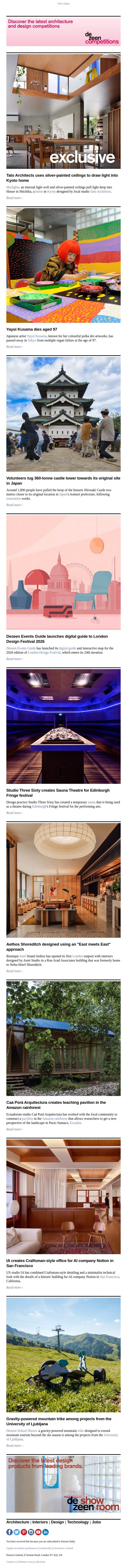Yayoi Kusama dies | Japanese castle relocation | Sauna theatre email from Dezeen screenshot