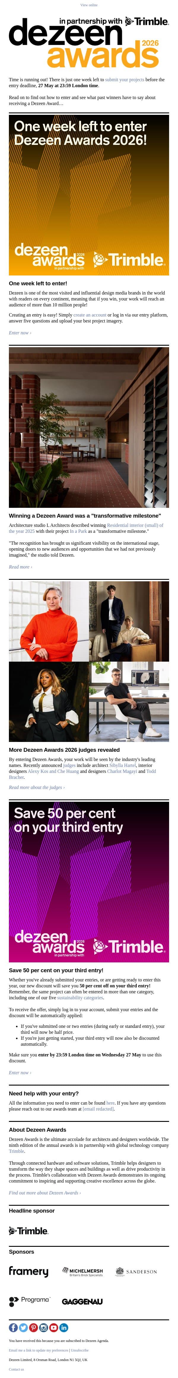 Only one week left to enter Dezeen Awards 2026! email from Dezeen screenshot