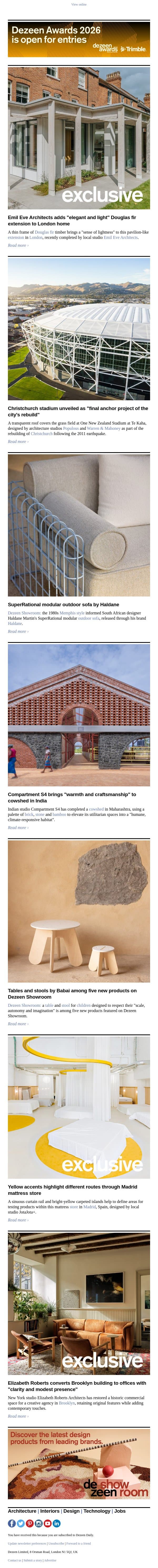 Indian cowshed | Christchurch stadium | Yellow mattress store email from Dezeen screenshot