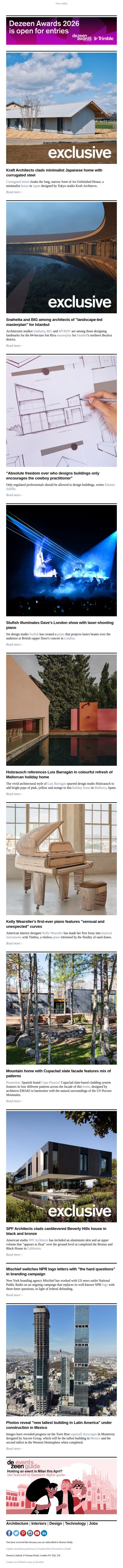 Kelly Wearstler piano | Latin America's tallest building | Cantilevered Beverly Hills house email from Dezeen screenshot