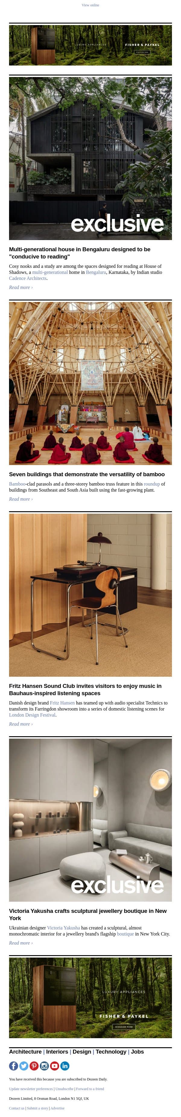 Fritz Hansen Sound Club | Bamboo buildings | New York jewellery boutique email from Dezeen screenshot