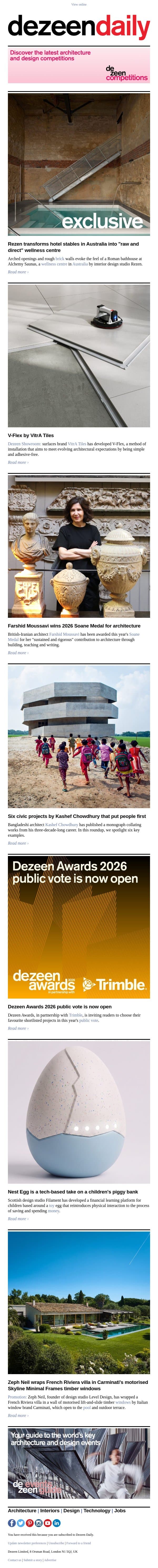 Cash-free piggy bank | Kashef Chowdhury key projects | Soane Medal winner email from Dezeen screenshot
