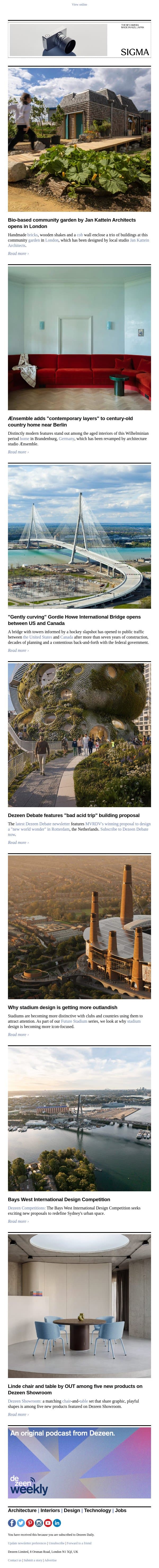 Nike vibrating slider | US-Canada bridge | Outlandish stadiums email from Dezeen screenshot