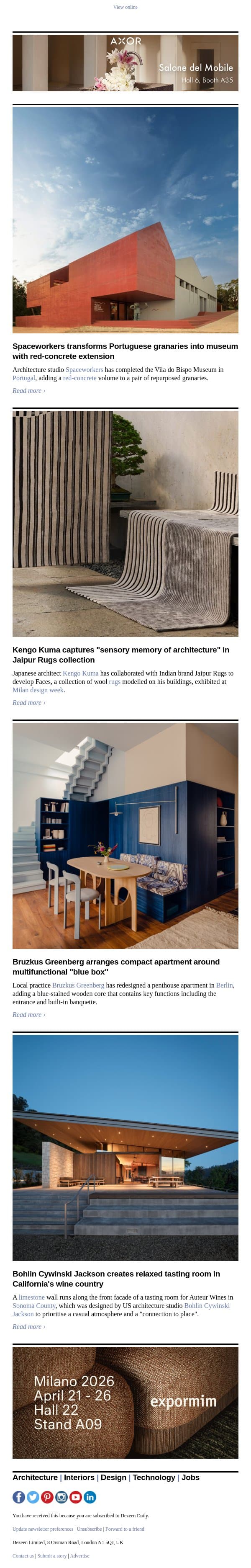 Kengo Kuma rugs | Red concrete museum | California wine-tasting room email from Dezeen screenshot