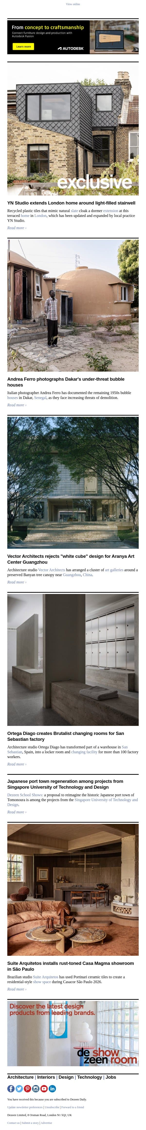 Dakar's bubble houses | Brutalist changing rooms | Plastic-tile dormer extension email from Dezeen screenshot