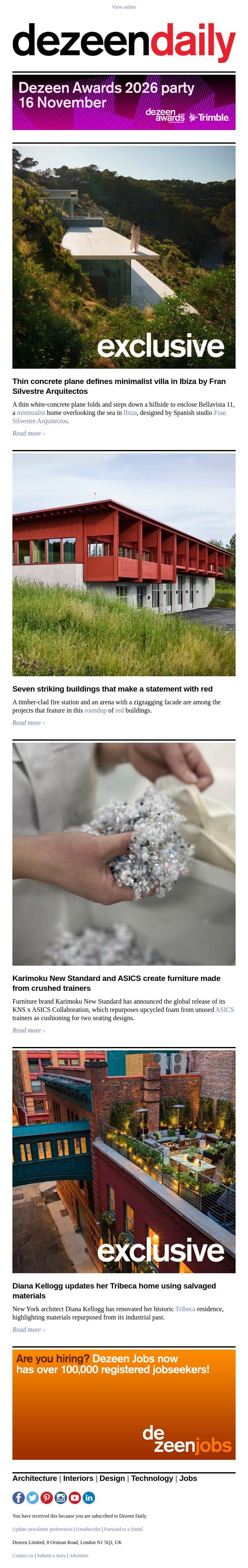 Recycled trainer furniture | Coastal Ibiza villa | Red statement buildings email from Dezeen screenshot