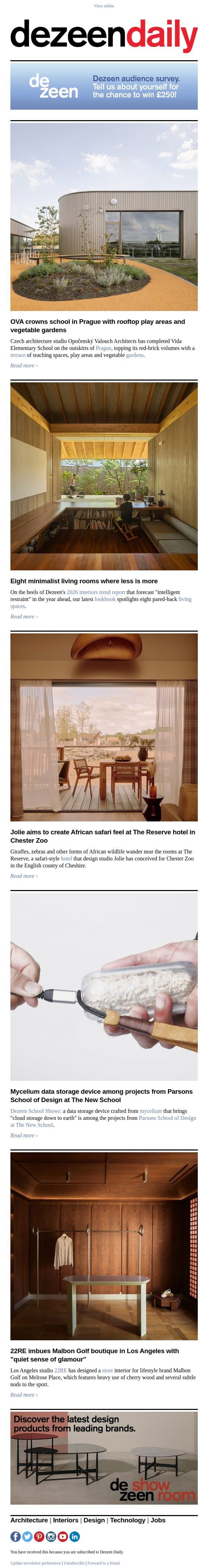 Chester Zoo hotel | Minimalist living rooms | Playground-topped school email from Dezeen screenshot