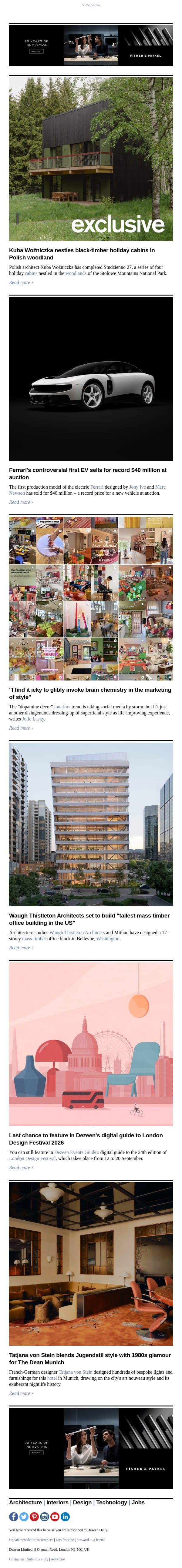 Ferrari EV record sale | US' tallest mass-timber office | "Icky" dopamine design email from Dezeen screenshot