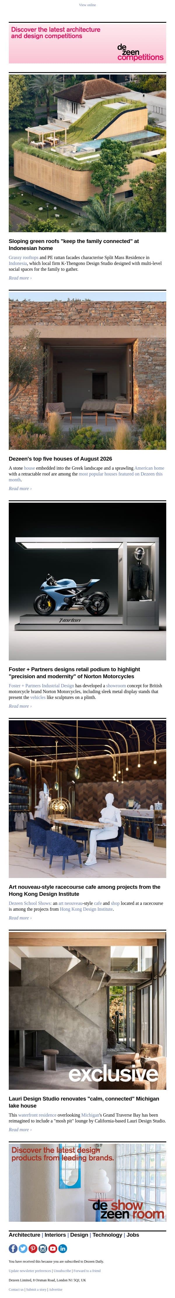 Foster motorcycle showroom | August top houses | Sloped-green-roof home email from Dezeen screenshot