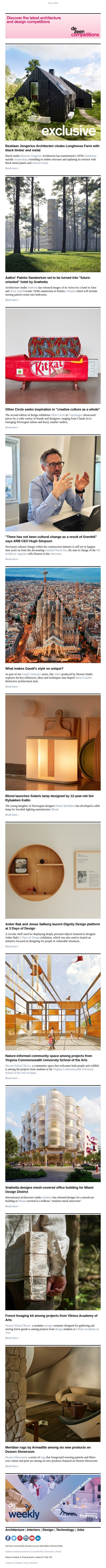 Aaltos' Paimio Sanatorium hotel | Black timber farm | Snøhetta mesh-covered office email from Dezeen screenshot