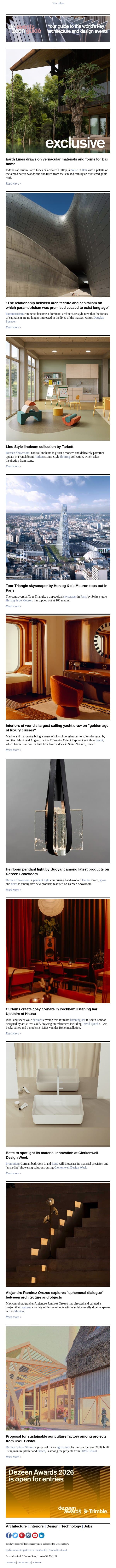 Tour Triangle tops out | World's largest sailing yacht interiors | Peckham listening bar email from Dezeen screenshot