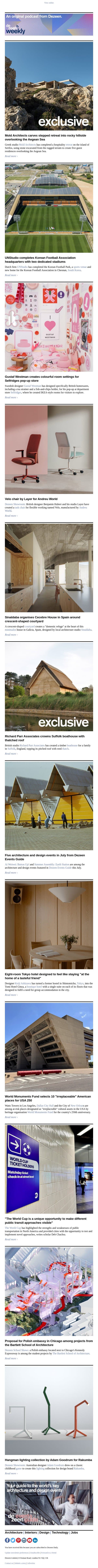 Gustaf Westman pop-up | UNStudio Korean stadium | Thatched-roof boathouse email from Dezeen screenshot