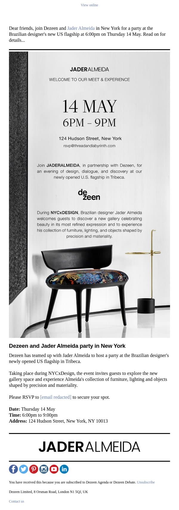 Invitation: Dezeen and Jader Almeida party in New York email from Dezeen screenshot