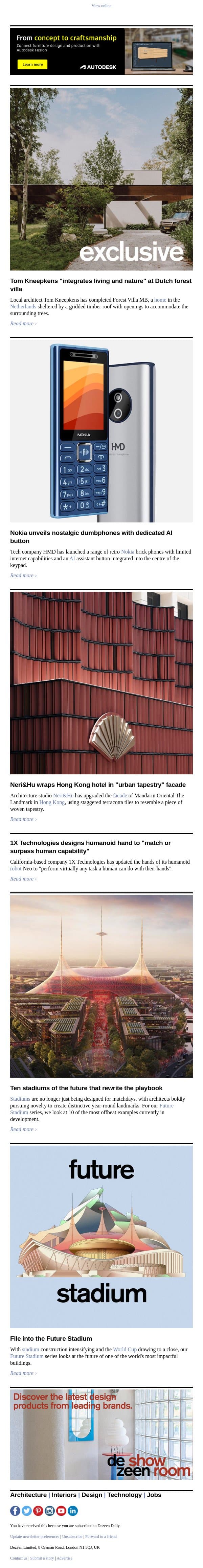 Stadiums of the future | Nokia dumbphone | Eerily dexterous robot hand email from Dezeen screenshot
