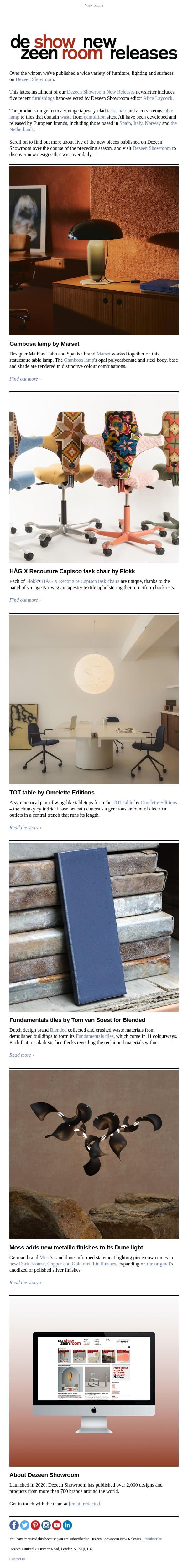 Dezeen Showroom New Releases: Winter 2025/26 roundup email from Dezeen screenshot