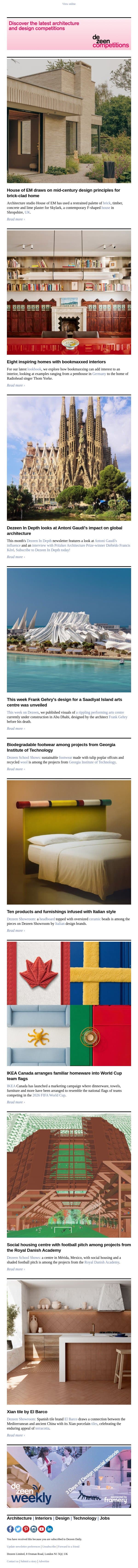 IKEA World Cup flags | Bookmaxxed interiors | F-shaped brick house email from Dezeen screenshot