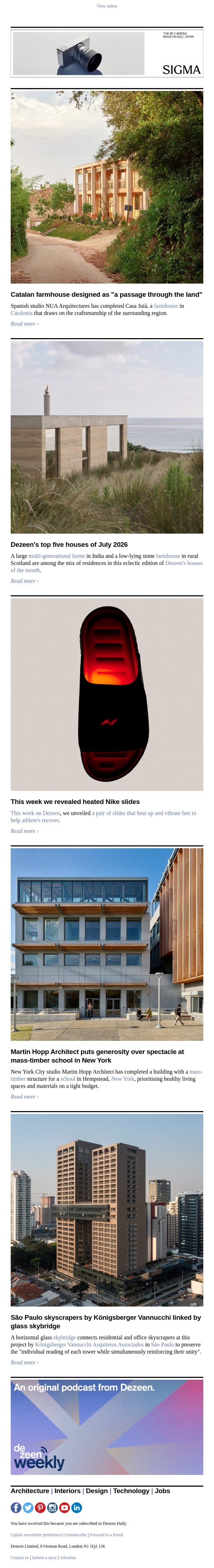 São Paulo skyscraper | Mass-timber school | July's best houses email from Dezeen screenshot