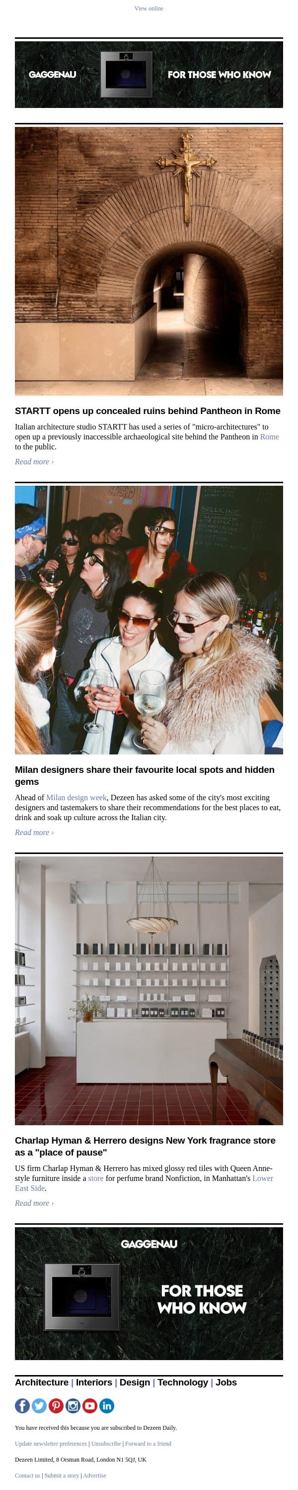 Pantheon ruins renovation | Isakaya-informed restaurant | New York fragrance store email from Dezeen screenshot