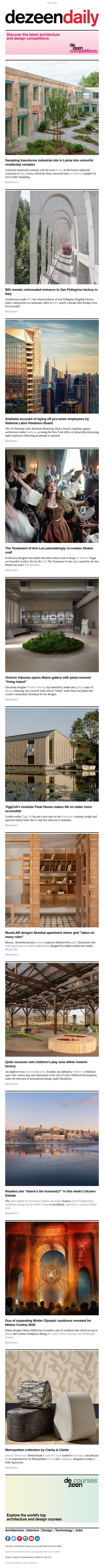 Expanding Olympic cauldrons | BIG colonnaded factory | Modular floating house email from Dezeen screenshot