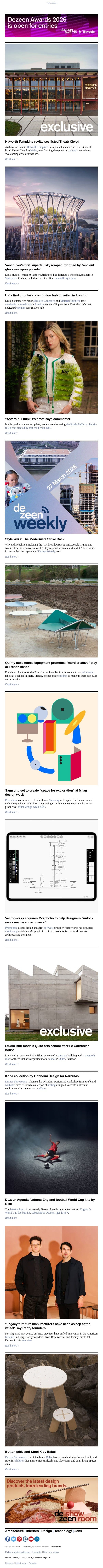 Vancouver's first supertall | Quirky table tennis tables | Corb-informed art school email from Dezeen screenshot