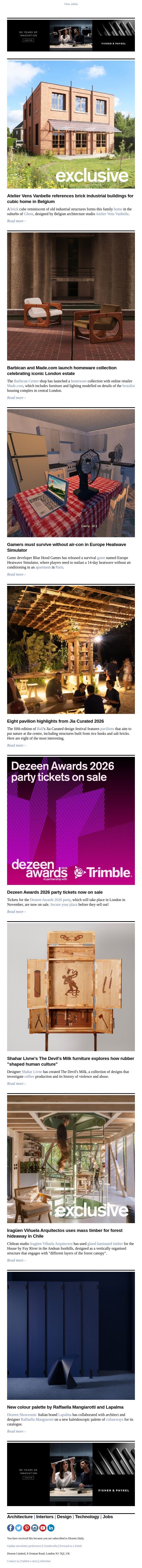 Barbican homeware launch | Jia Curated 2026 highlights | Heatwave survival game email from Dezeen screenshot