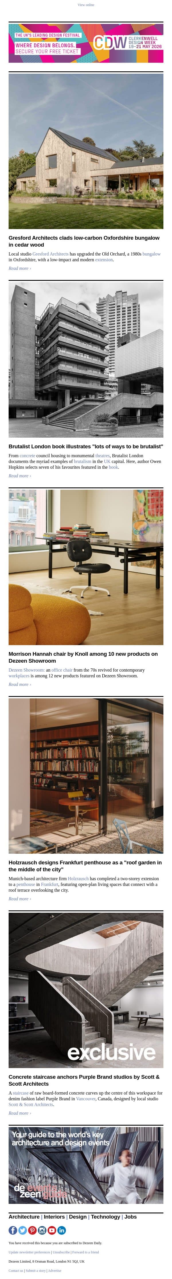Brutalist London buildings | Frankfurt penthouse | Cedar-clad bungalow email from Dezeen screenshot