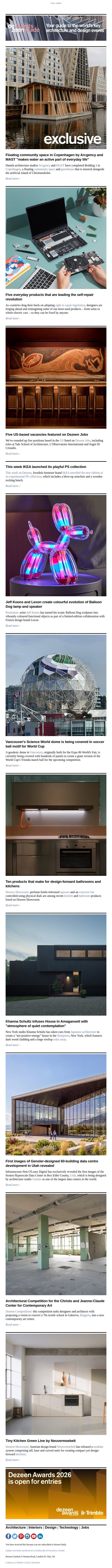 Gensler Utah data centres | Repairable products | Floating community space email from Dezeen screenshot