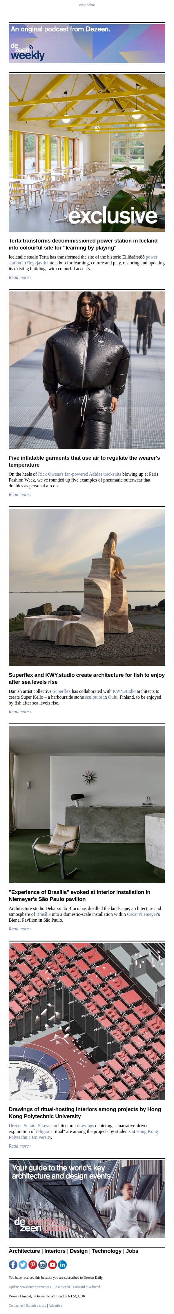 Inflatable clothing | Iceland decommissioned power station | Oscar Niemeyer pavilion installation email from Dezeen screenshot