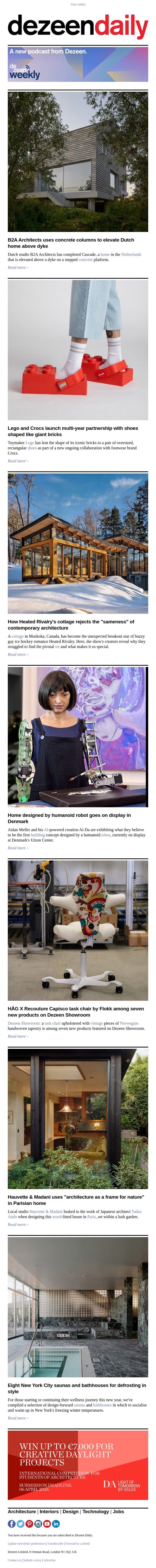 Lego-brick Crocs | Heated Rivalry cottage | Humanoid-robot designer email from Dezeen screenshot