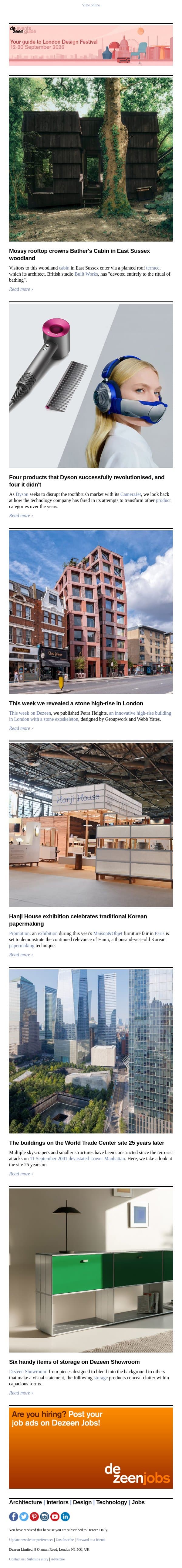 Revolutionary Dyson projects | Mossy cabin | World Trade Center buildings email from Dezeen screenshot