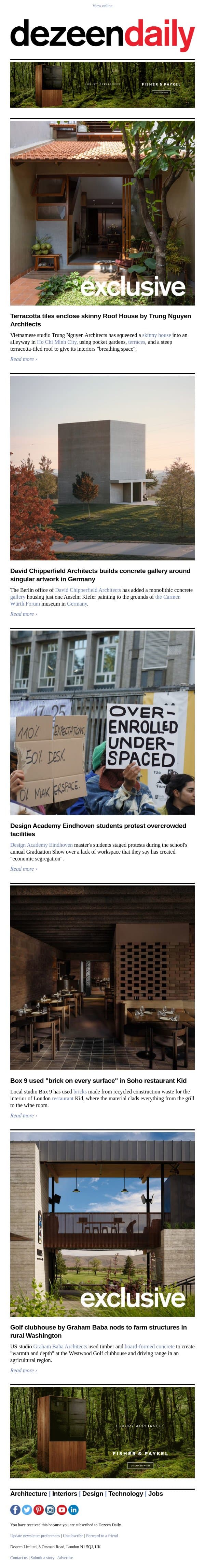 Chipperfield monolithic gallery | DAE student protests | Skinny Vietnamese house email from Dezeen screenshot