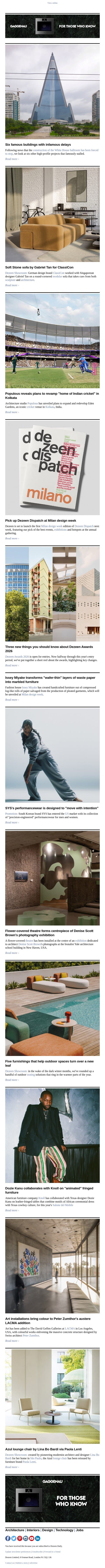Issey Miyake paper furniture | Infamous delayed buildings | "Home of Indian cricket" revamp email from Dezeen screenshot