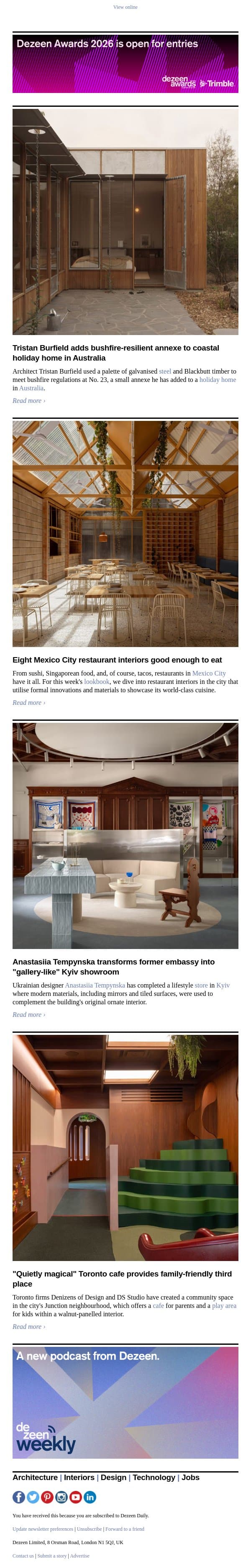 "Gallery-like" Kyiv showroom | Bushfire-resilient annexe | Mexico City restaurants email from Dezeen screenshot