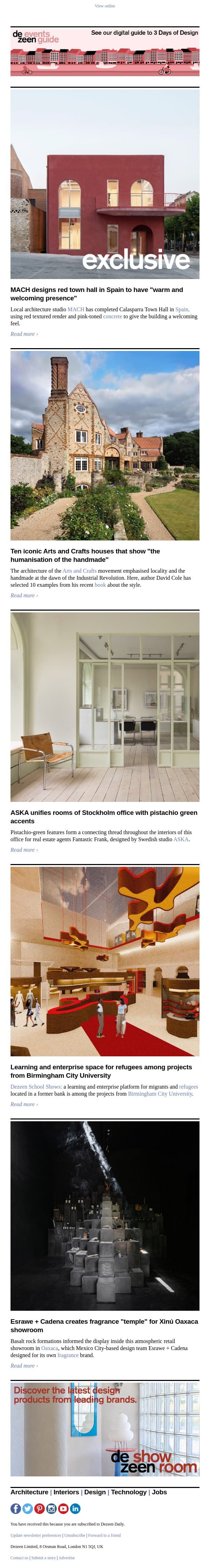 Iconic Arts and Crafts houses | Red town hall | Pistachio green offices email from Dezeen screenshot