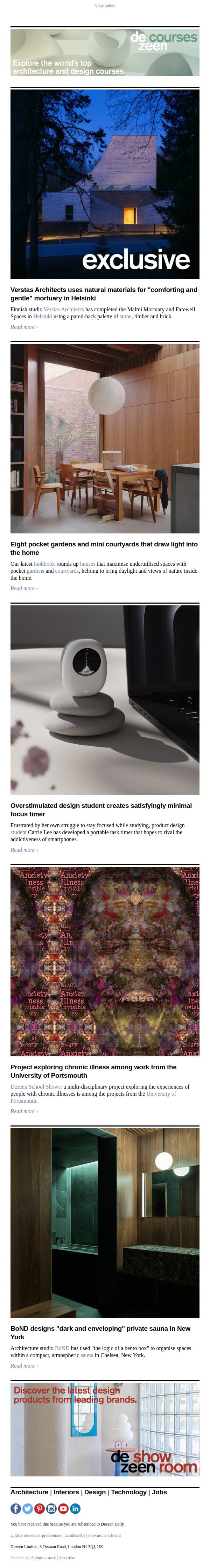 Helsinki mortuary | New York sauna | Minimal focus timer email from Dezeen screenshot