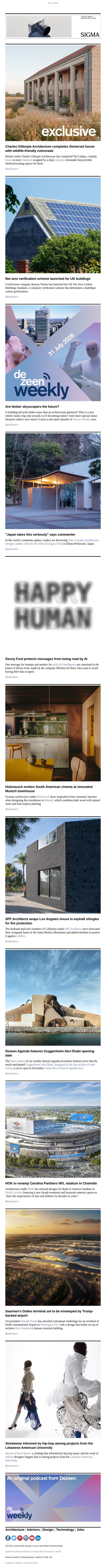 Trump Dulles airport proposal | Anti-AI font | Panthers stadium revamp email from Dezeen screenshot