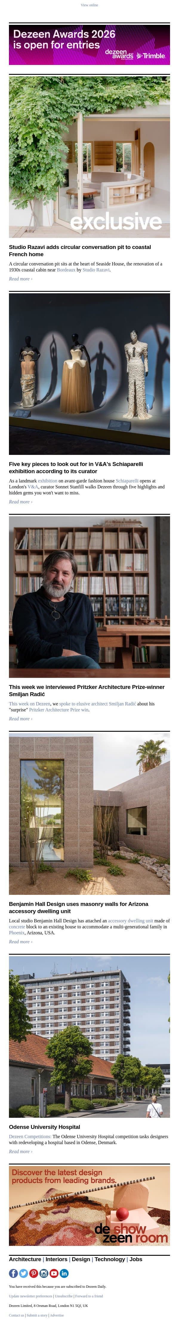 Schiaparelli key pieces | Concrete block extension | Coastal holiday home email from Dezeen screenshot
