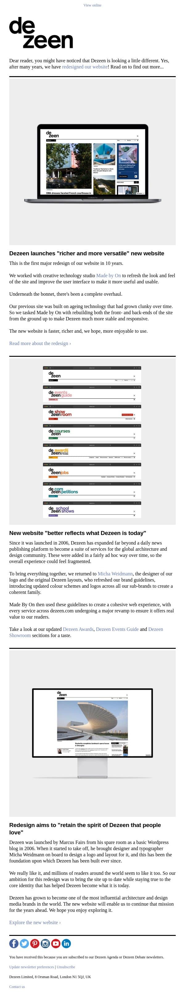Dezeen has a new website! email from Dezeen screenshot