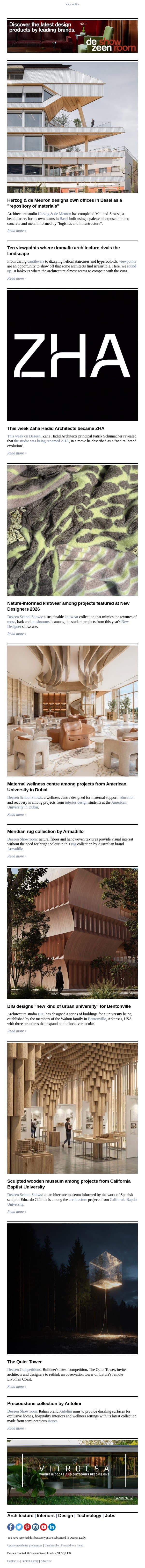 Herzog & de Meuron self-designed office | BIG university campus | Dramatic viewpoints email from Dezeen screenshot